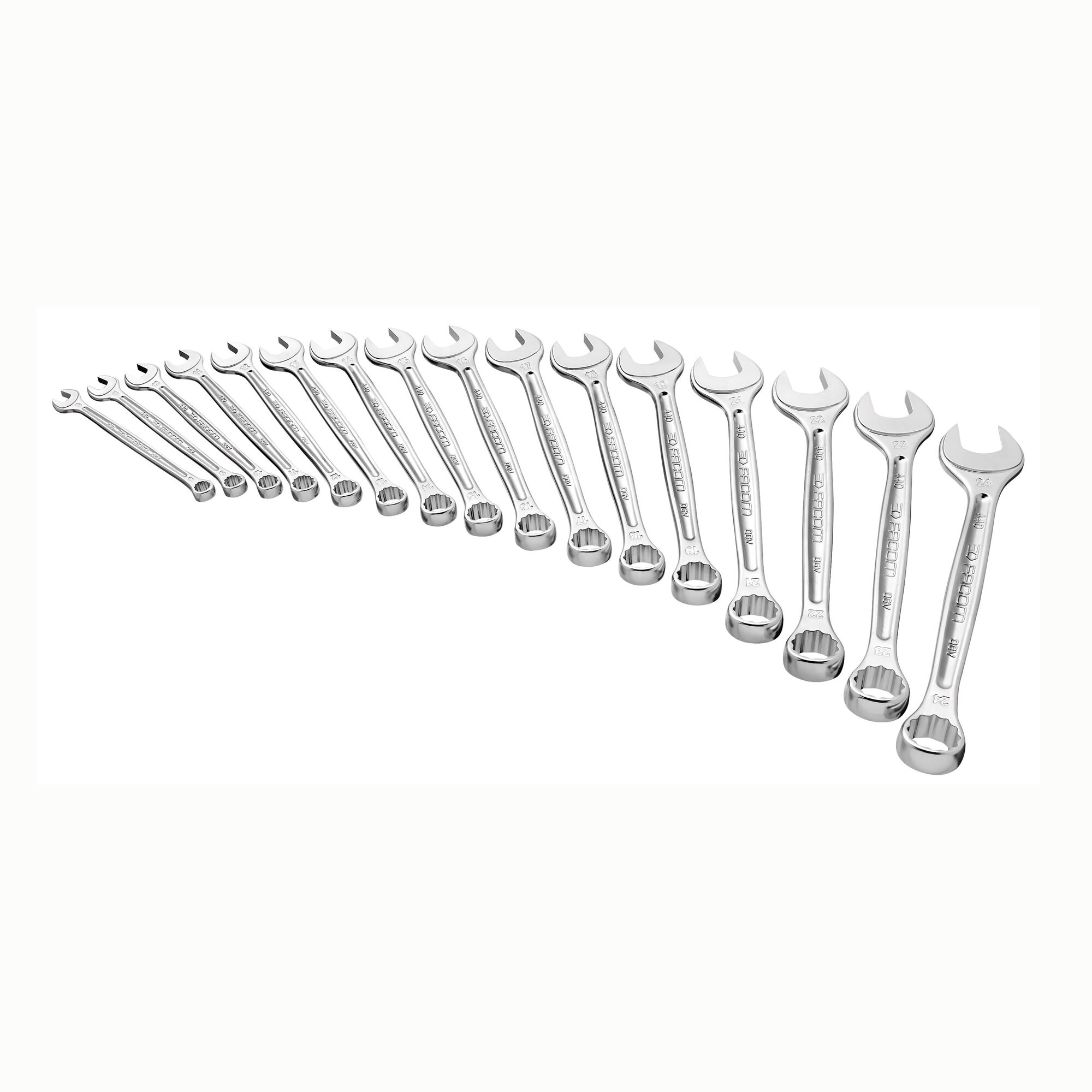 Facom 440JU21 combination wrench set, 21 pieces, chrome finish, photography, SKU 440JU21, angled on white.